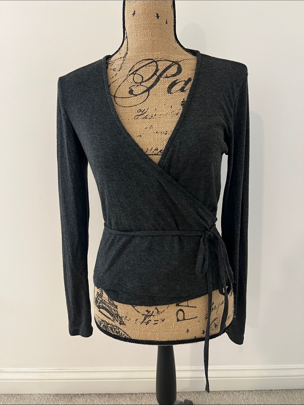 Zara Charcoal Wrap Tie Long-Sleeve Top
